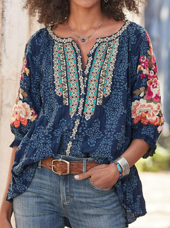 Floral Scoop Neckline Holiday Half Sleeve Shirt & Top