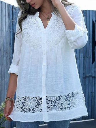 Lace Stitch Long Sleeve V-neck Button Blouse for Women