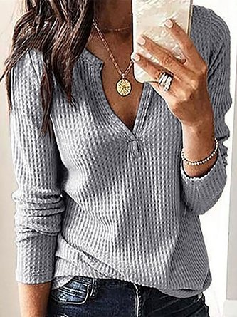 Women Plain Casual V Neck Loose Long Sleeve Top