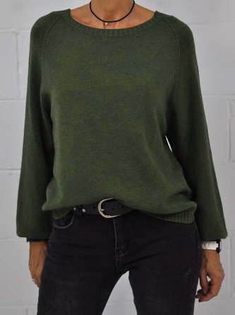 Green Raglan Sleeve Round Neck Solid Color Casual Sweater