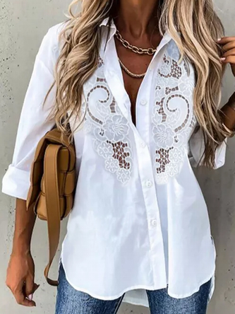 Lace Sexy Shirt Collar Casual Button Down White Long Sleeve Blouse