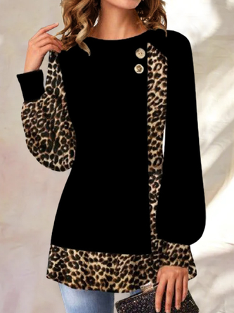 Casual Leopard Print Stitching Long-sleeved Tops