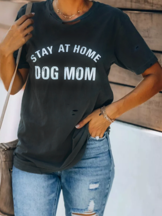 Gray DOG MOM Print Distressed Tee Vintage Letter T-shirt