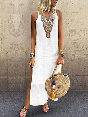 Loosen Vacation Linen Simple  Ethnic V Neck Short sleeve Maxi Dress