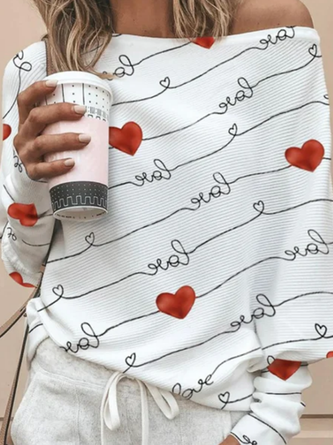 Long sleeve asymmetric collar one piece geometric letter heart love print bat sleeve loose lover T-shirt  Plus Size