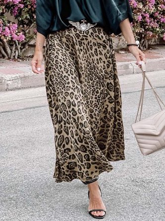 Casual Leopard Print Elastic Waist Loosen Long Skirts