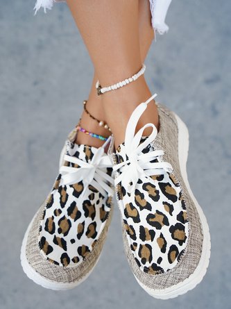 Brown Leopard Panel Lace-Up Flats