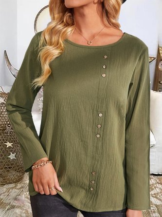 Solid Holiday Cotton Blends Round Neck Buttoned Blouse Tops