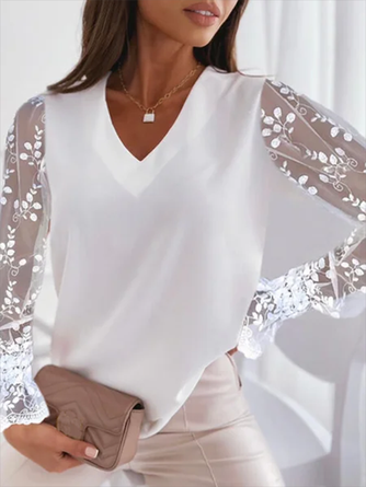 Women Plain Solid Paneled Lace V Neck Long Sleeve Shirt
