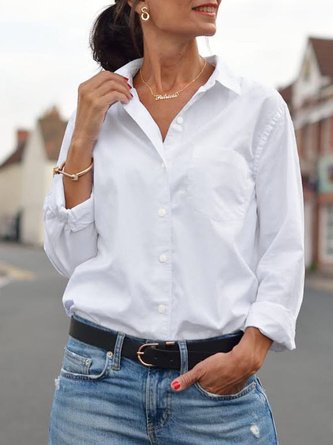 Casual Plain Shirt Collar Long Sleeve Blouse