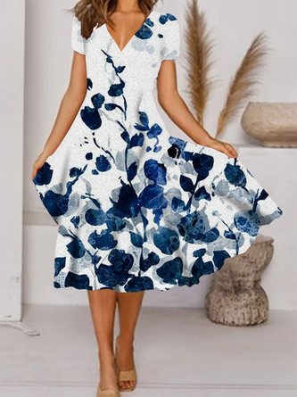 Cotton V Neck Floral Short Sleeve Women Dress