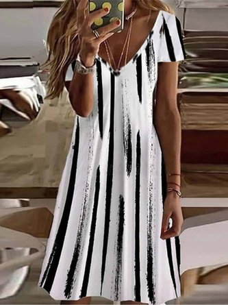 Women Striped V Neck Casual Short Sleeve Dress