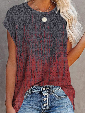 Paisley  Short Sleeve  Printed  Cotton-blend  Crew Neck  Vintage  Summer  Red Top