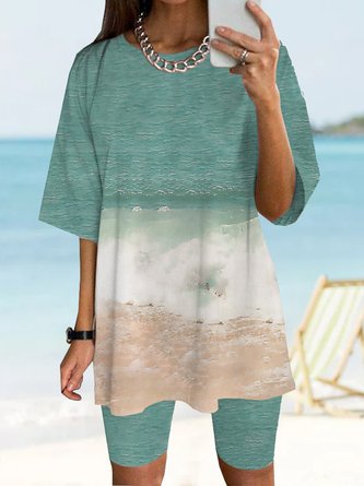 Wonderful ocean beach series Earth Day T-shirt pants two piece suit Beach Plus Size