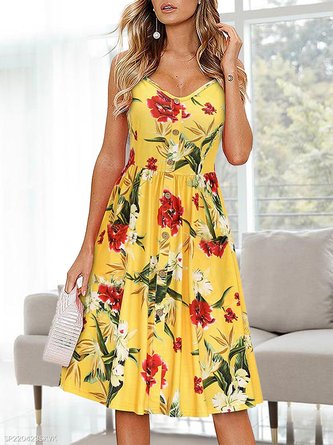 Regular Fit Vacation Floral Buttoned Sleeveless Knitting Dresses
