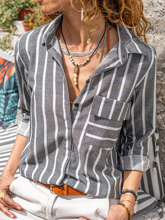 Striped Casual Shawl Collar Long sleeve Blouse