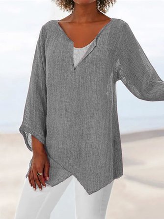 Women Loose Linen V Neck Asymmetric Hem Solid Summer Blouse Tunic Top