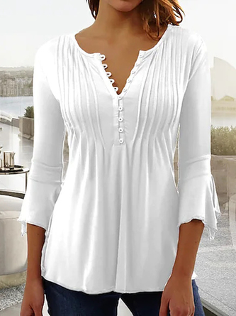 Women V Neck Buttoned Casual Plain Flowy Three Quarter Sleeve Ruched Tunic Top
