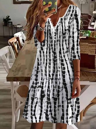 Women Casual Abstract Geometric Striped V Neck Long Sleeve Dress