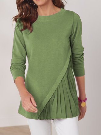 Casual Plain Autumn Polyester Pleated Long sleeve Regular H-Line Regular Size Tops for Women