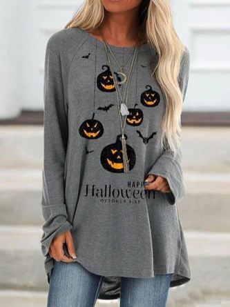 Women Casual Autumn Halloween Loose Halloween Crew Neck Regular H-Line Regular Size T-shirt