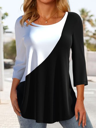 Simple Crew Neck Color Block Regular Fit Top