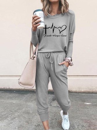 Simple Text Letters Autumn High Elasticity Loose Long sleeve Top With Pants H-Line Regular Two Piece Sets for Women