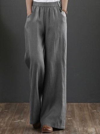 Women High Waist Loose Casual Pockets Elastic Waist Gray Linen Pants