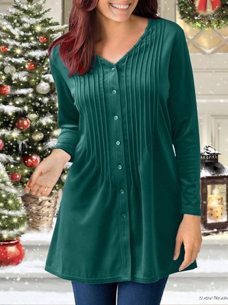 Christmas Green Velvet V-Neck Button-Up Shirt