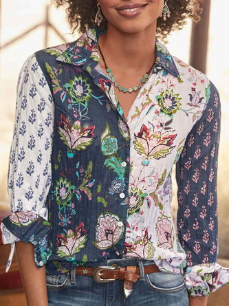 Casual Floral Shirt Collar Blouse