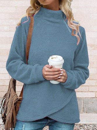 Women Plain Thermal Half Turtleneck Zipper Fleece Asymmetric Hem Pullover Sweatshirt