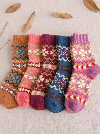 5pcs Ethnic Rabbit Wool Heart Pattern Thickened Warm Socks Random Color for Women (1 Pair)