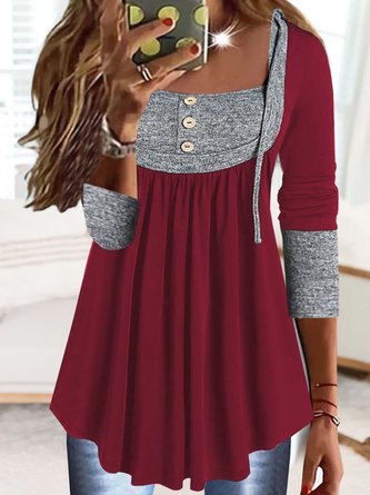 Casual Plain Stitched Buttons Color-block Long-sleeve Jersey Loose Top