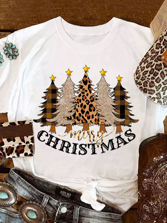 Crew Neck Vintage Loose Color Block Christmas T-Shirt