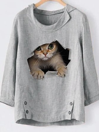 Solid Button Up Crew Neck Casual Cat Cotton And Linen Top
