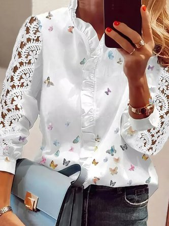 Casual Lace Hollow Out Long Sleeve Butterfly Print V Neck Blouse