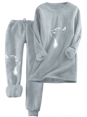 Casual Crew Neck Loose Cat Two-Piece Set