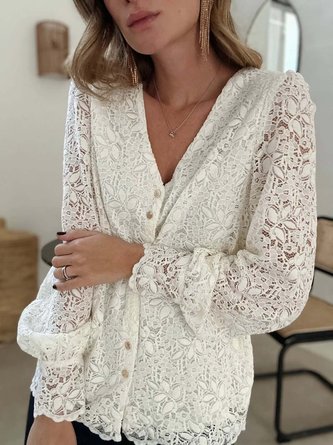 Lace Floral Spring Loose Casual Buttoned Blouse