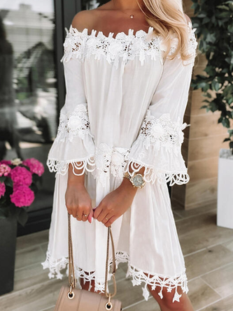 Boho Boat Neck Plain Lace Hollow Out Vacation White Dress