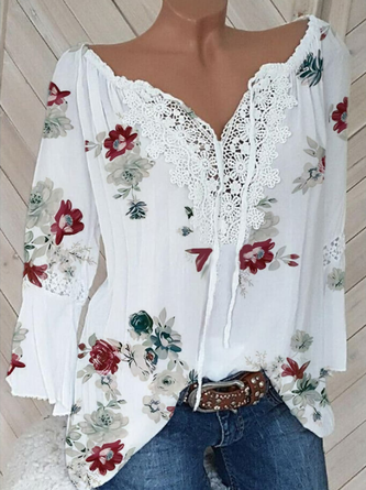 Women Floral Spring Casual Drawstring Lace V Neck Long Sleeve Blouse