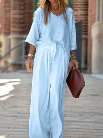Loose Casual Solid Basic Three Quarter Sleeve Linen Top With Drawstring Waist Pants