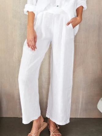 Casual Loose Elastic Waist White Linen Pants Wide Leg Pants Trousers with Pockets