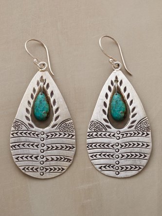 Vintage Natural Turquoise Ethnic Pattern Embossed Earrings Boho Vacation Jewelry