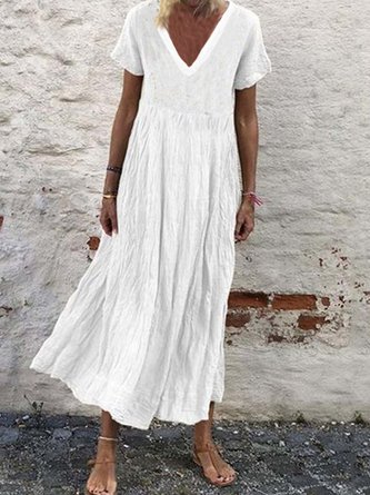 Cotton-Blend Casual Short Sleeve V Neck Women Maxi Dress