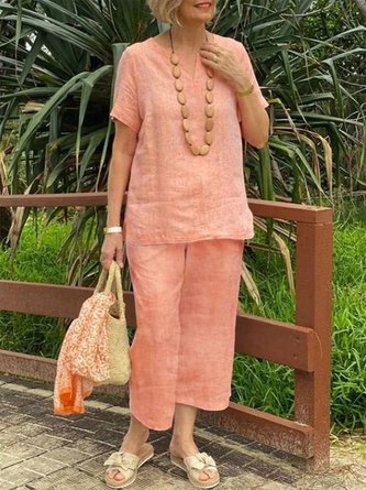 Summer Outfits Casual Plain Linen Suits Orange V Neck Short Sleeve Tunic and Pants Two-Piece Sets
