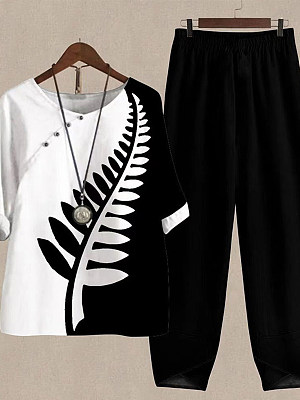Casual Buttons Leaf Print Colorblock Crew Neck Short Sleeve Shirt and Plain Pants Summer Outfits Two-Piece Sets