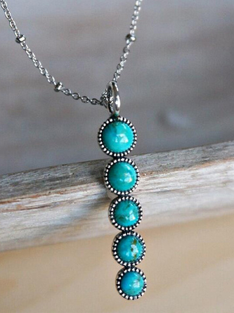 Ethnic Natural Turquoise Geometric Pattern Pendant Necklace Vintage Jewelry