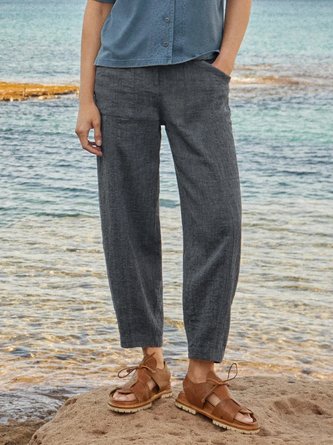 Casual Cotton And Linen Plain Ankle Pants with Pockets