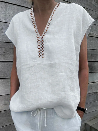 Women Loose Lace Hollow Out V Neck Cotton Linen Tunic Top