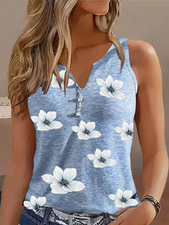 Women Floral Loose Casual V Neck Sleeveness Tank Top Summer Cami Top